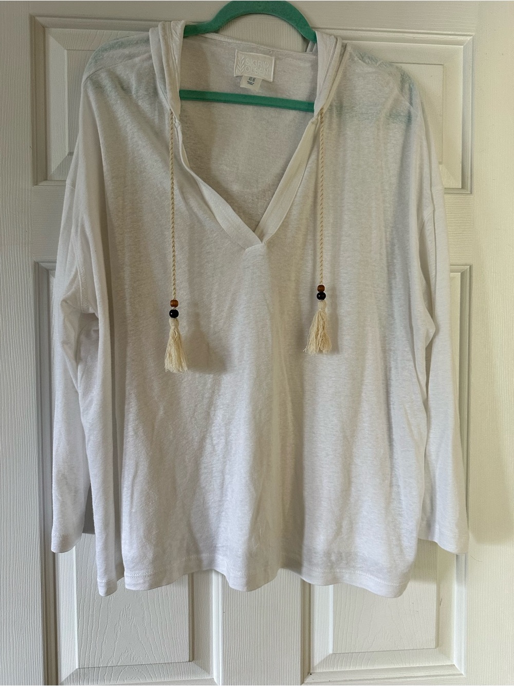 Sigrid Olsen Cream Hooded Linen Blend Top with Tassel Ties